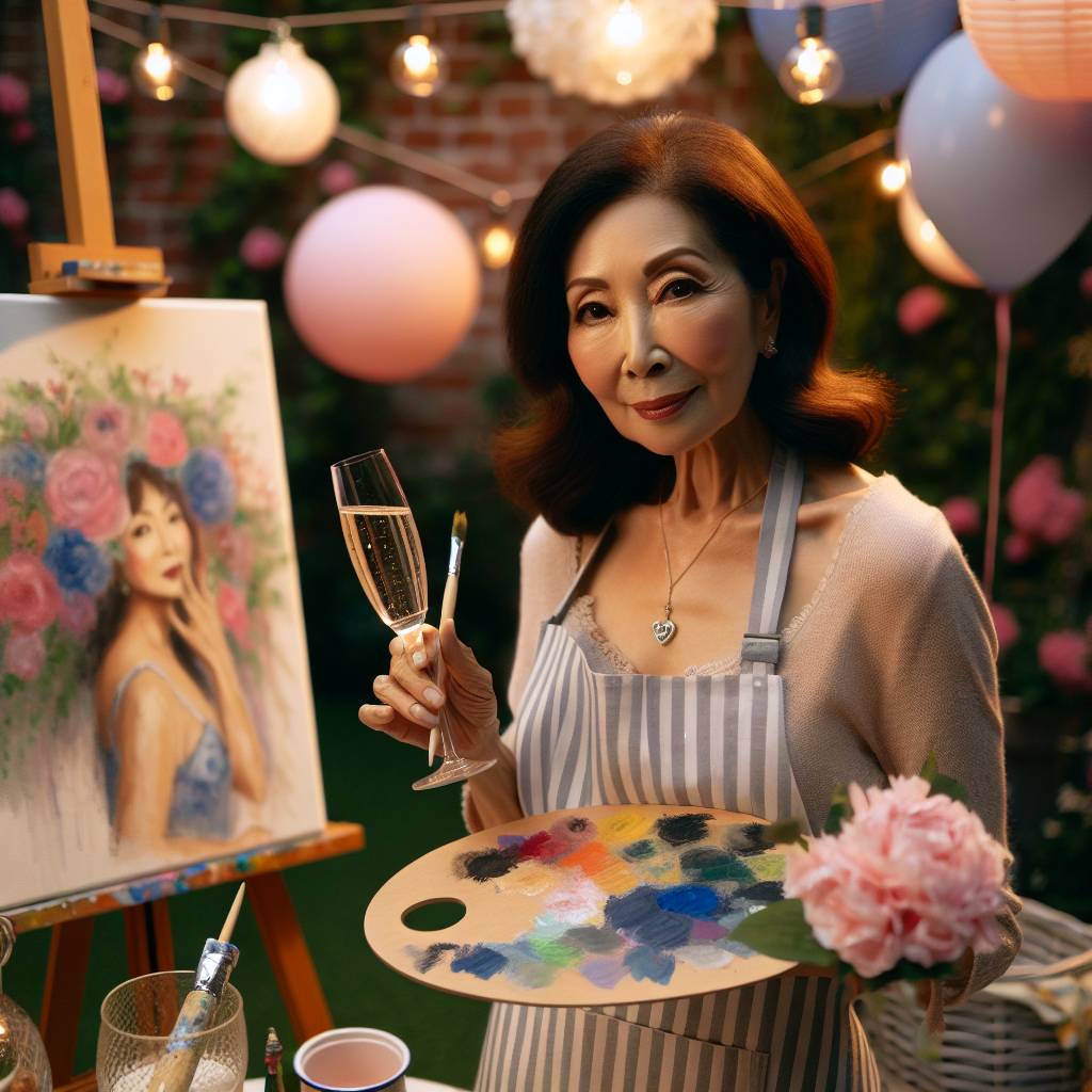 2) Birthday AI Generated Card - MATURE LADY, ARTIST, CHAMPAGNE, and GARDEN (fedef)