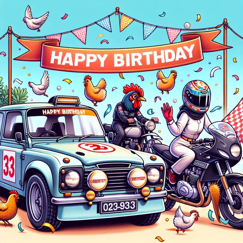 1) Birthday AI Generated Card - Rally driving, Motorcycle , Funeral Director, Landrover, and Chickens (7f4a1)