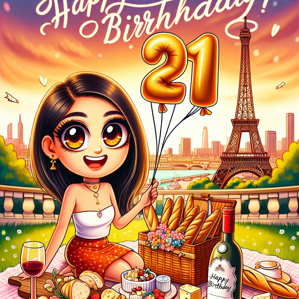 1) Birthday AI Generated Card - Daughter, Paris, Baguette , Cheese, Wine, and 21st (e97b0)