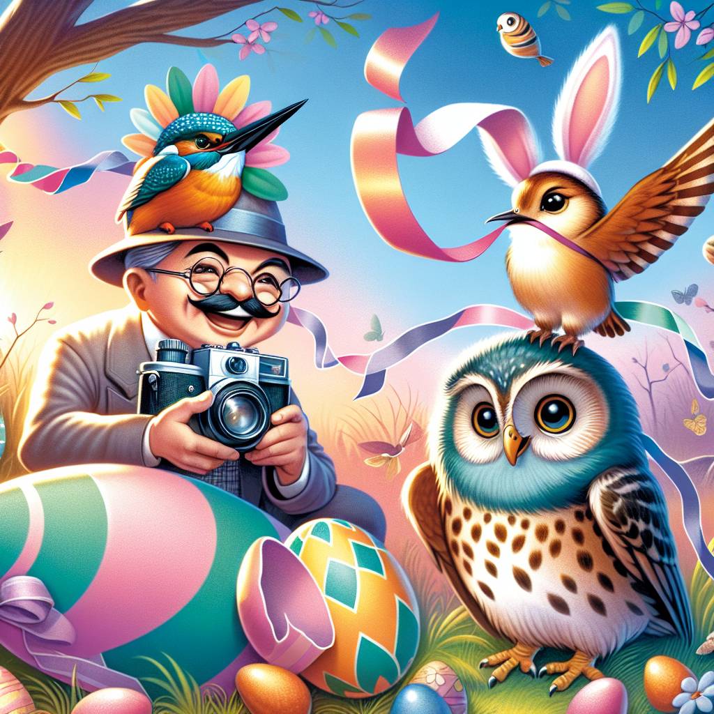 1) Easter AI Generated Card - Kingfisher, kestrel, owl and a man photographer  with round glasses (377fe)