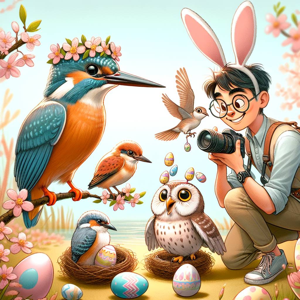 2) Easter AI Generated Card - Kingfisher, kestrel, owl and a man photographer  with round glasses (58ba4)