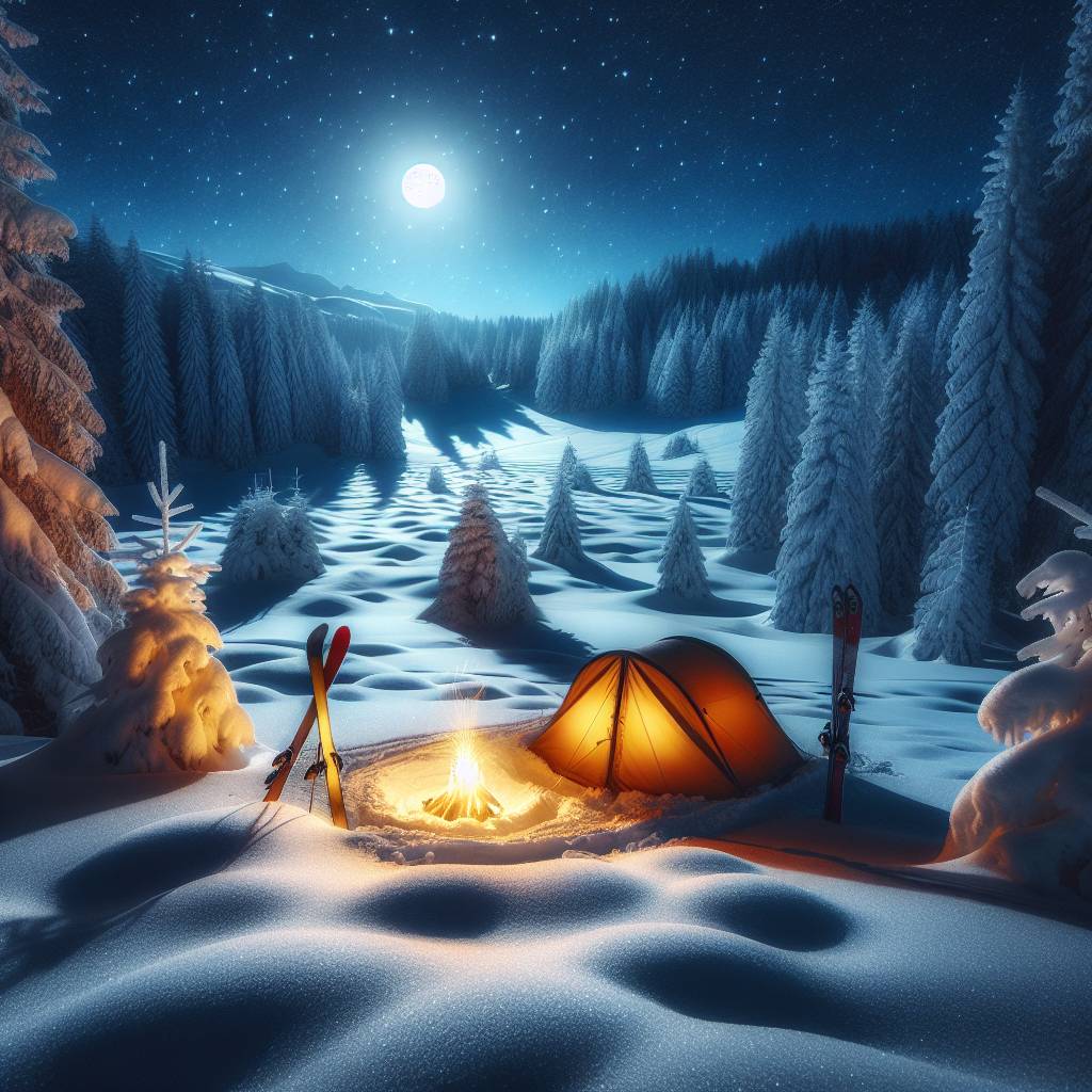 1) Christmas AI Generated Card - Snowy swiss alps with forest, Small tent with a campfire outside it, Starry sky and full moon, and a pair of skis sticking out of snow next to tent (ab52c)