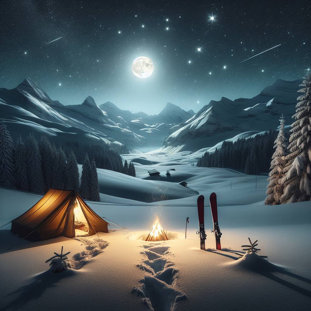 3) Christmas AI Generated Card - Snowy swiss alps with forest, Small tent with a campfire outside it, Starry sky and full moon, and a pair of skis sticking out of snow next to tent (1b1cb)