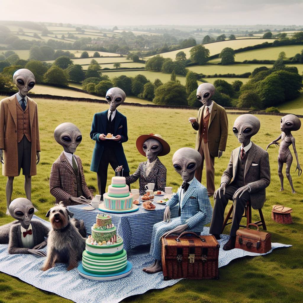 1) Birthday AI Generated Card - british countryside, friendly aliens, picnic, friendly scruffy grey dog, birthday cake (4c4f9)
