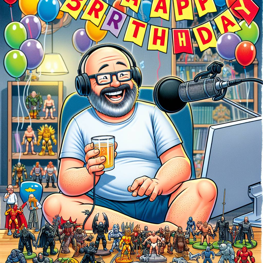 1) Birthday AI Generated Card - Welsh happy birthday, 50th birthday , Pod casting, 50 year old man, Bald with beard and glasses, Shorts, Fantasy action figure collectables, and Computer work (c3960)