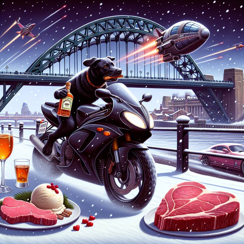 2) Valentines-day AI Generated Card - Black Labrador drinking whiskey riding a sports motorbike, Tyne bridge, Stars wars x wing fighter, Heart shaped steak, Vanilla ice cream, Snow, Romance, and Whiskey (698d4)