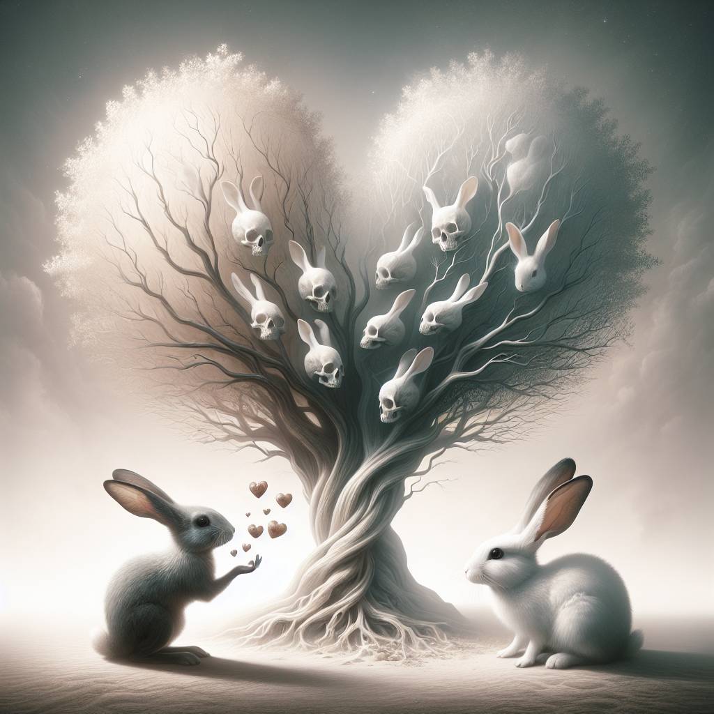 2) Anniversary AI Generated Card - White rabbit, Black rabbit, Tree, Heart, Sweets, and Skull (1c9e2)