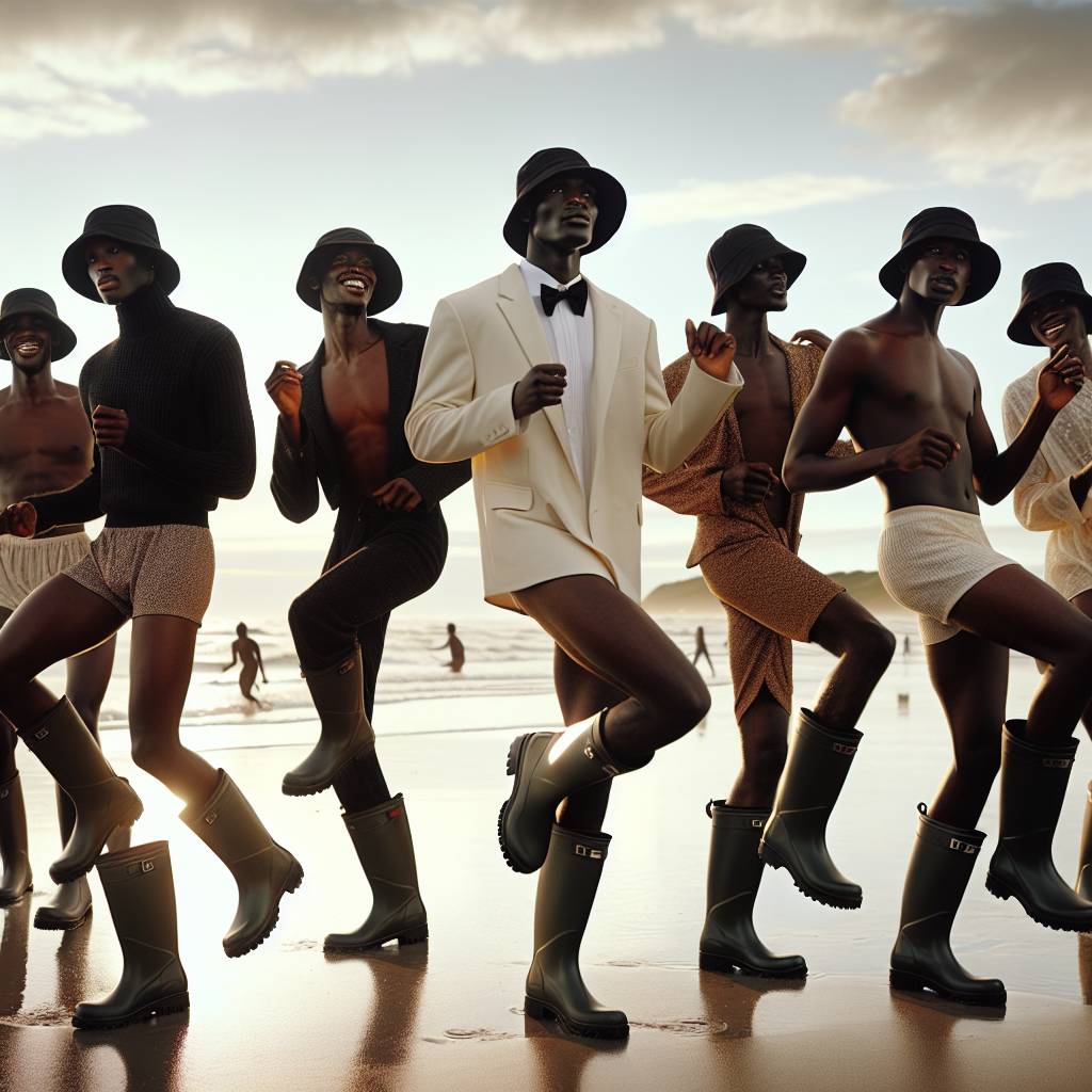 2) New-year AI Generated Card - Crowd of Black people dancing on a beach, wearing bucket hats, underwear and wellies (8e6eb)