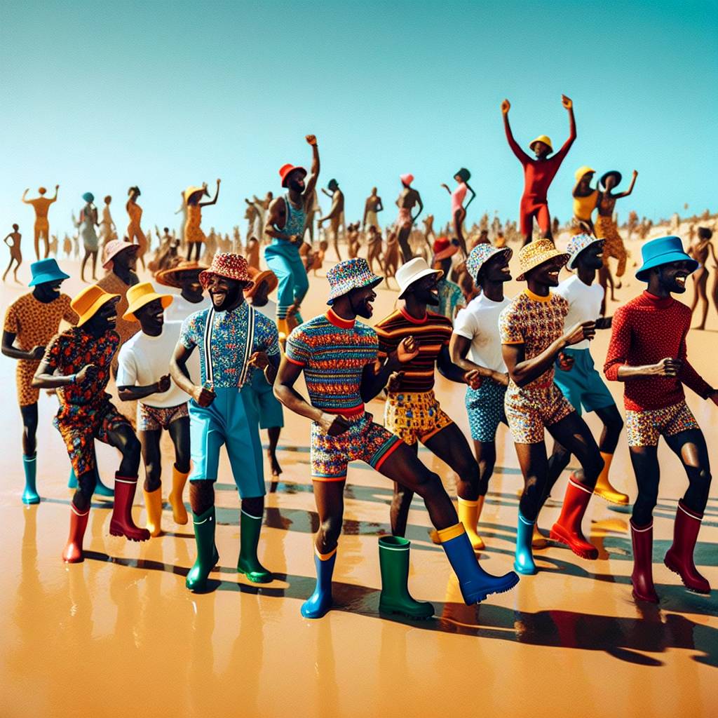 1) New-year AI Generated Card - Crowd of Black people dancing on a beach, wearing bucket hats, underwear and wellies (fff27)