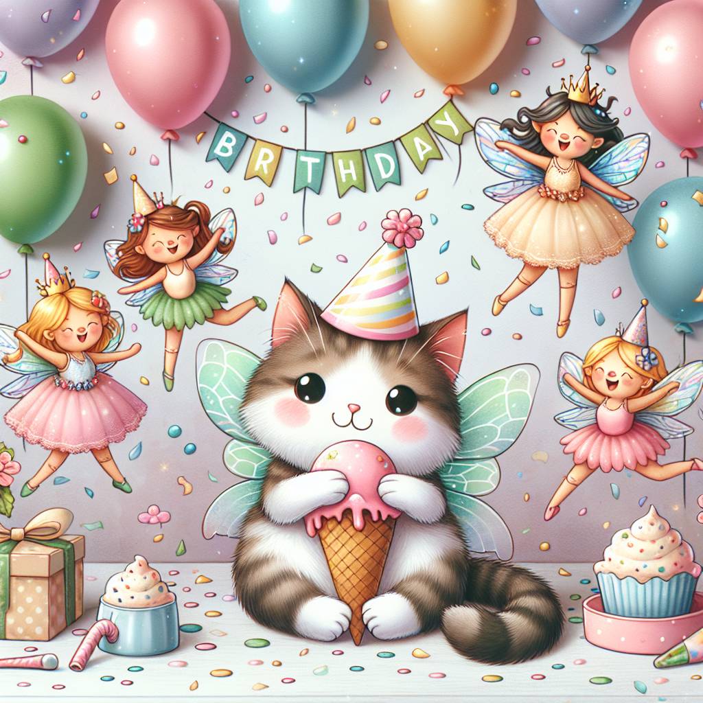 1) Birthday AI Generated Card - Cat, icecream, fairies (4fd3e)