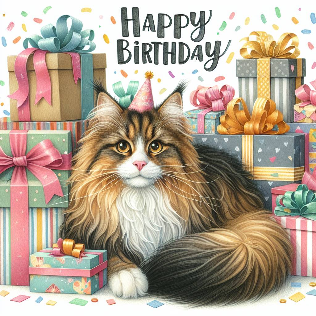 2) Birthday AI Generated Card - Norwegian Forest Cat Birthday Cards (b816f)