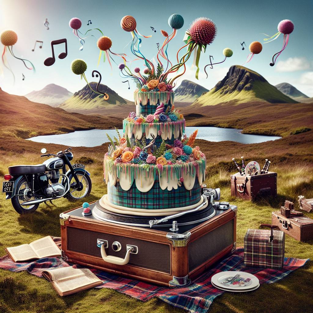1) Birthday AI Generated Card - Motorcycle , Music, Scotland , Cake, and Hippy (35981)
