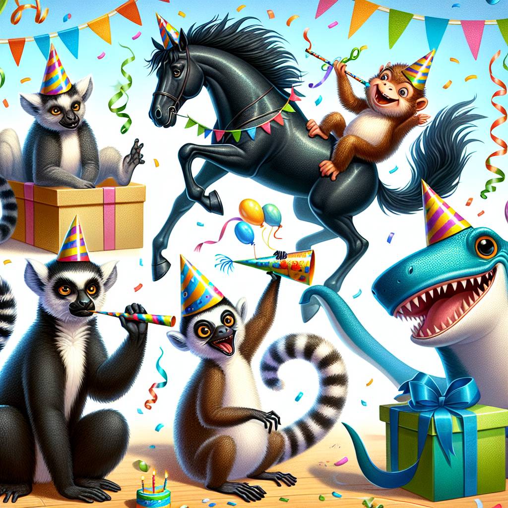 2) Birthday AI Generated Card - Black cat, Lemur, Black horse, Shark, and T rex  (a0266)