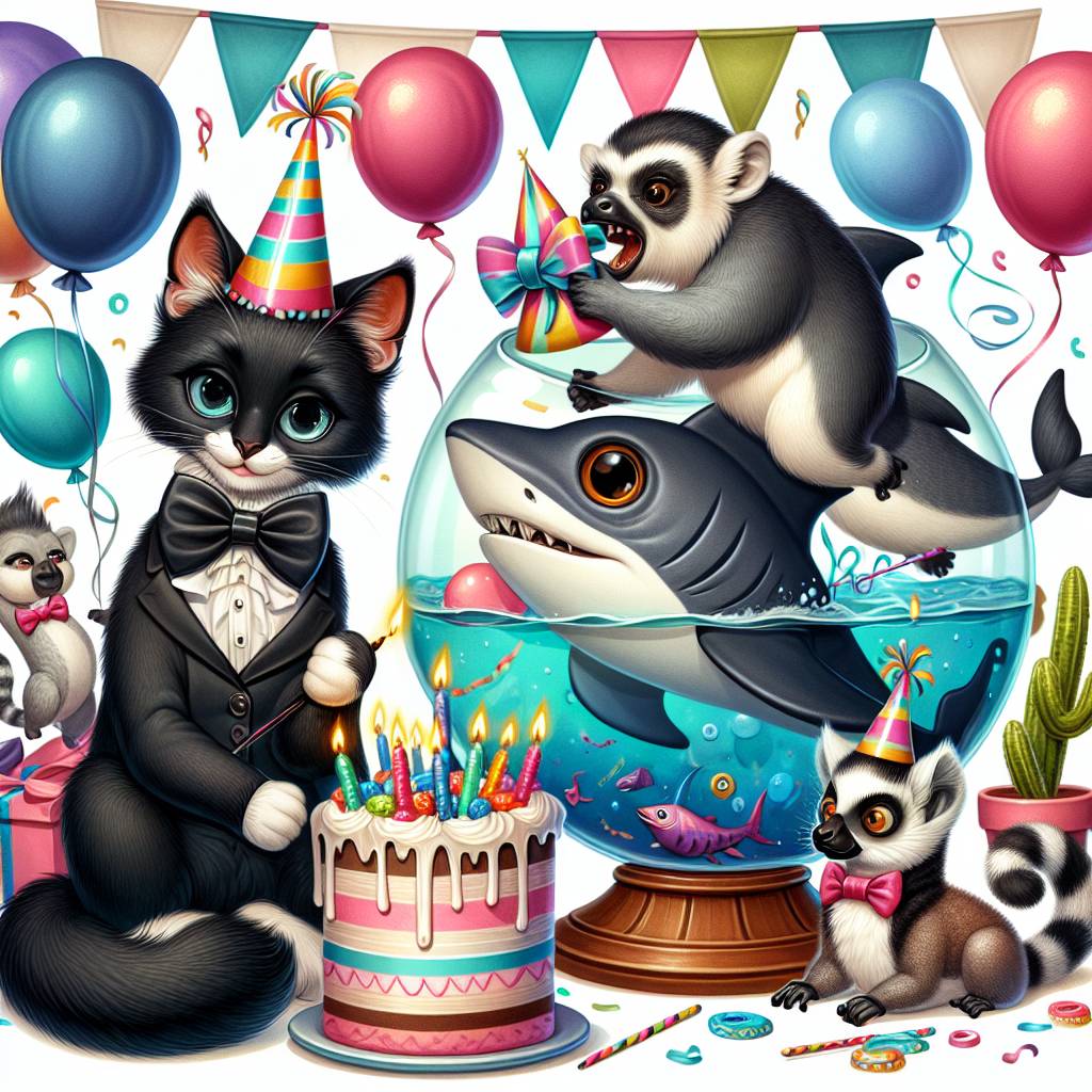 1) Birthday AI Generated Card - Black cat, Lemur, Black horse, Shark, and T rex  (9a05a)