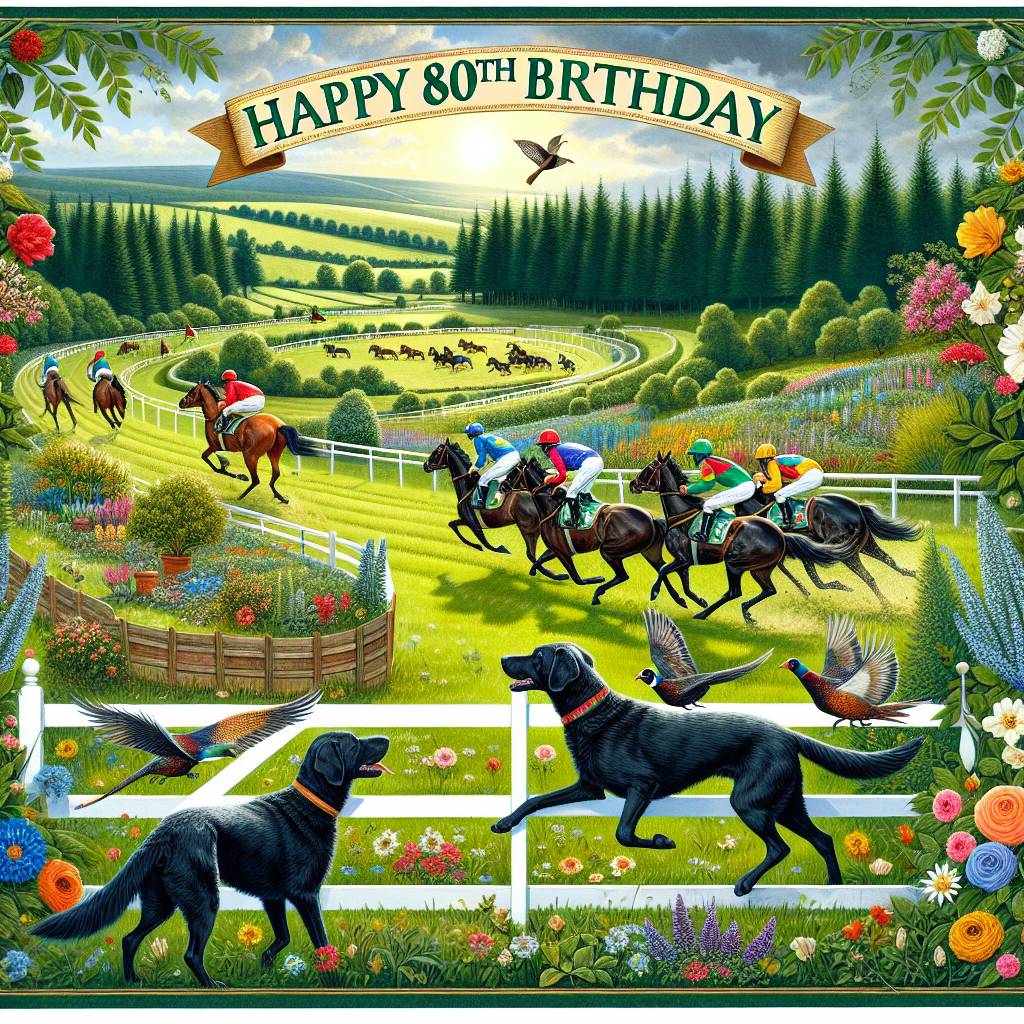 1) Birthday AI Generated Card - Horse racing , 2 black Labradors , Countryside, Gardening , Pheasants , and Happy 80th Birthday Caroline  (24097)