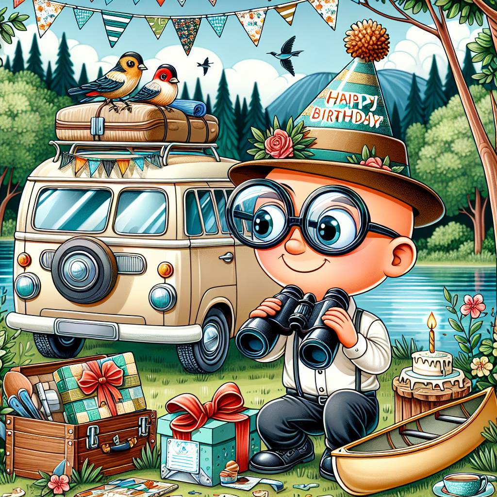 1) Birthday AI Generated Card - Hiking, Bald, Cap, Camping, Canoeing, Glasses, Volkswagen camper, and Bird watching (a1647)
