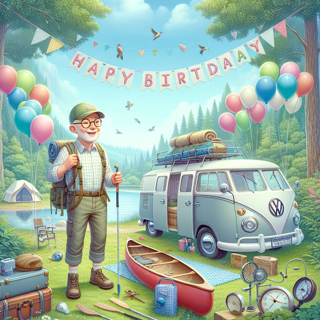 2) Birthday AI Generated Card - Hiking, Bald, Cap, Camping, Canoeing, Glasses, Volkswagen camper, and Bird watching (0b4b8)