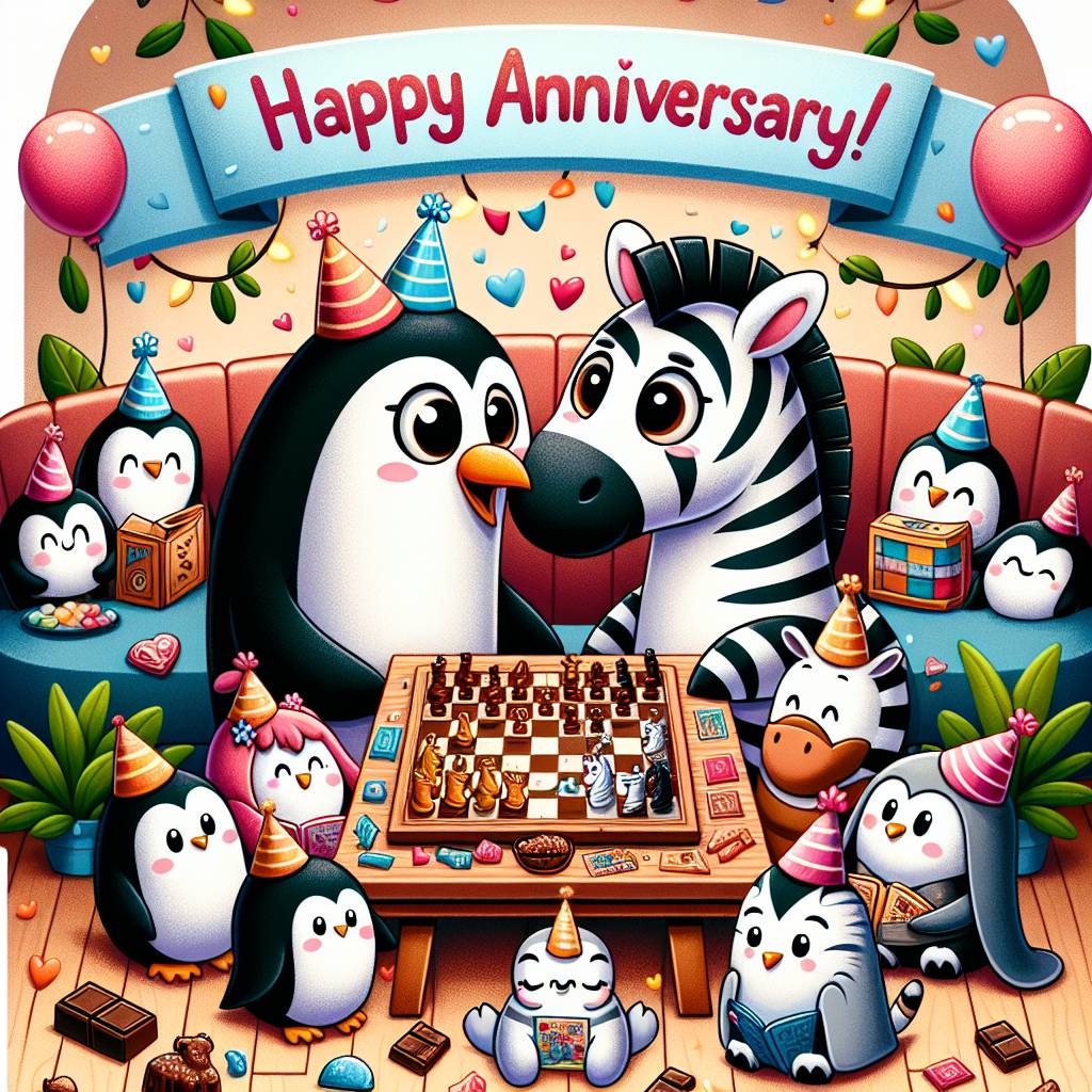 1) Anniversary AI Generated Card - Boardgames , Chocolate , Penguins , and Zebras  (7bb18)