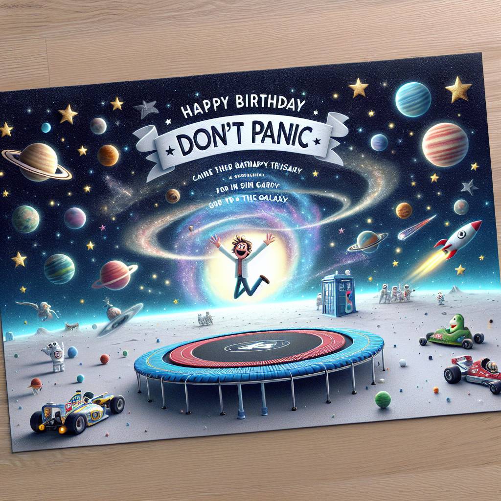2) Birthday AI Generated Card - Trampolining, Formula 1, Holly Willoughby, Hitchhikers Guide to the Galaxy, and Space (2e10b)