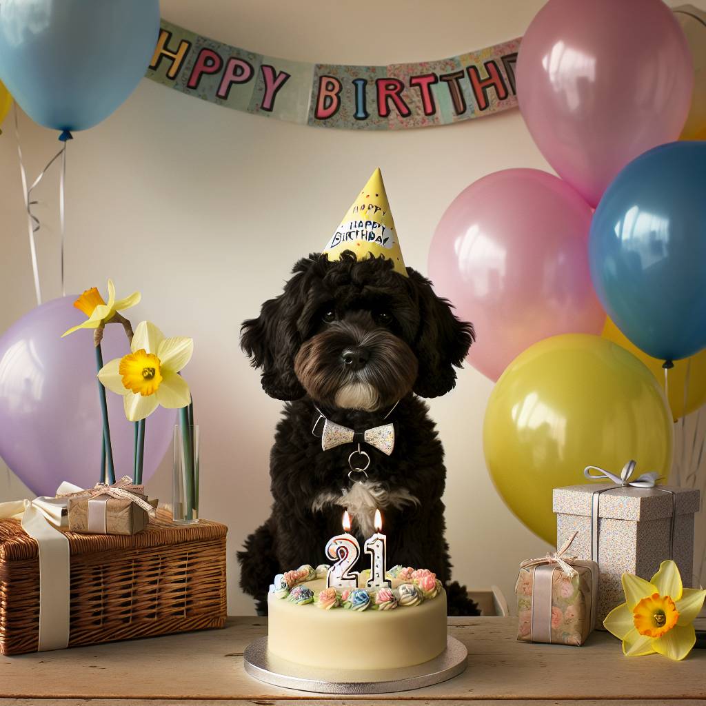 1) Birthday AI Generated Card - Black cockapoo with small amount of white fur on chin, Yellow party hat, 21st birthday cake, Balloons, Gifts with bows, and Daffodil (eb0da)