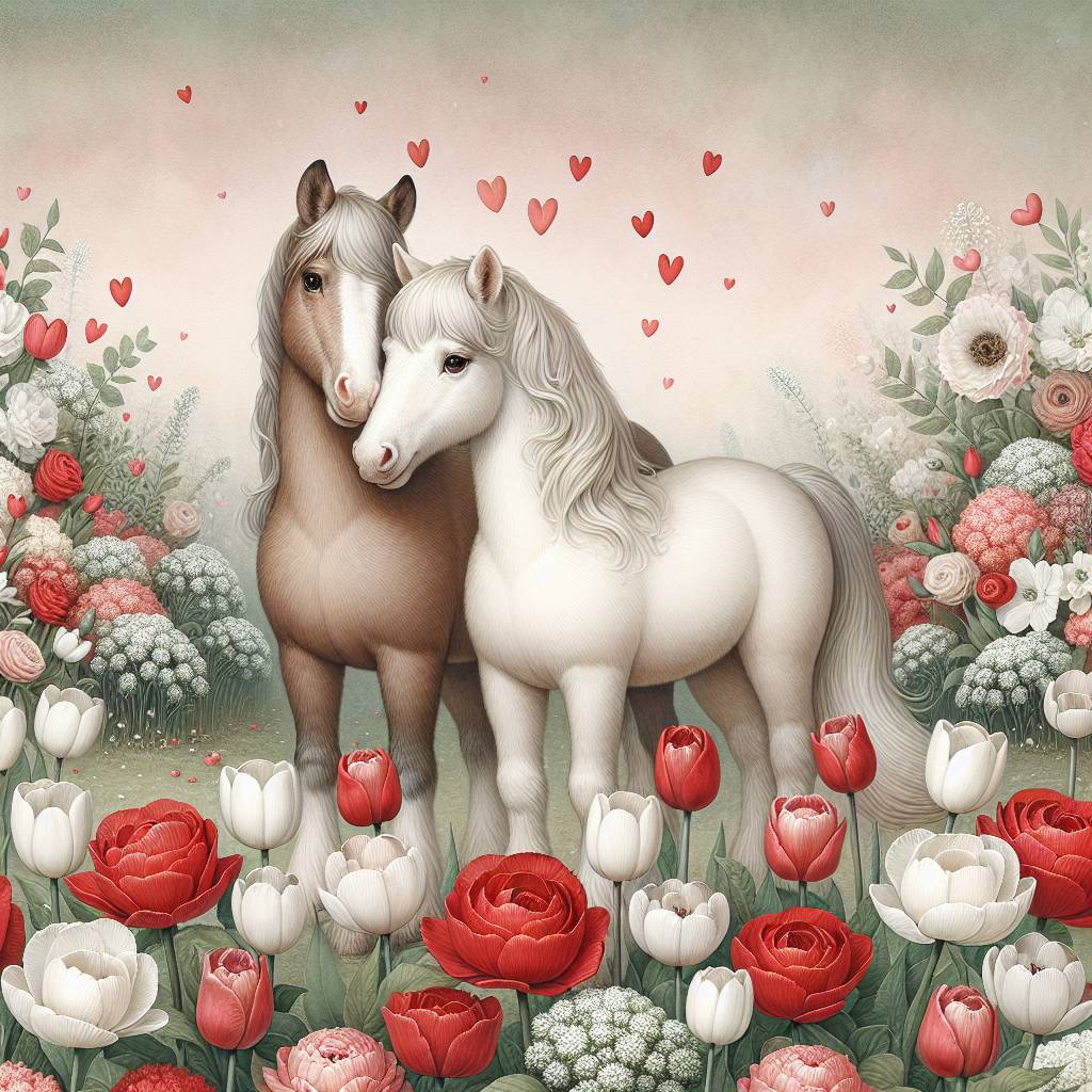 1) Valentines-day AI Generated Card - White tulips , Horses, and Roses  (e1746)