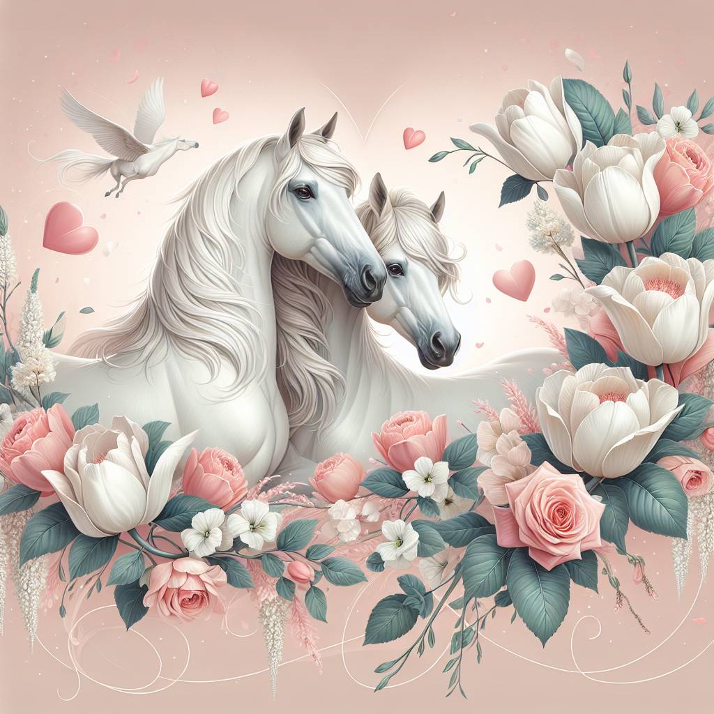 2) Valentines-day AI Generated Card - White tulips , Horses, and Roses  (b4565)