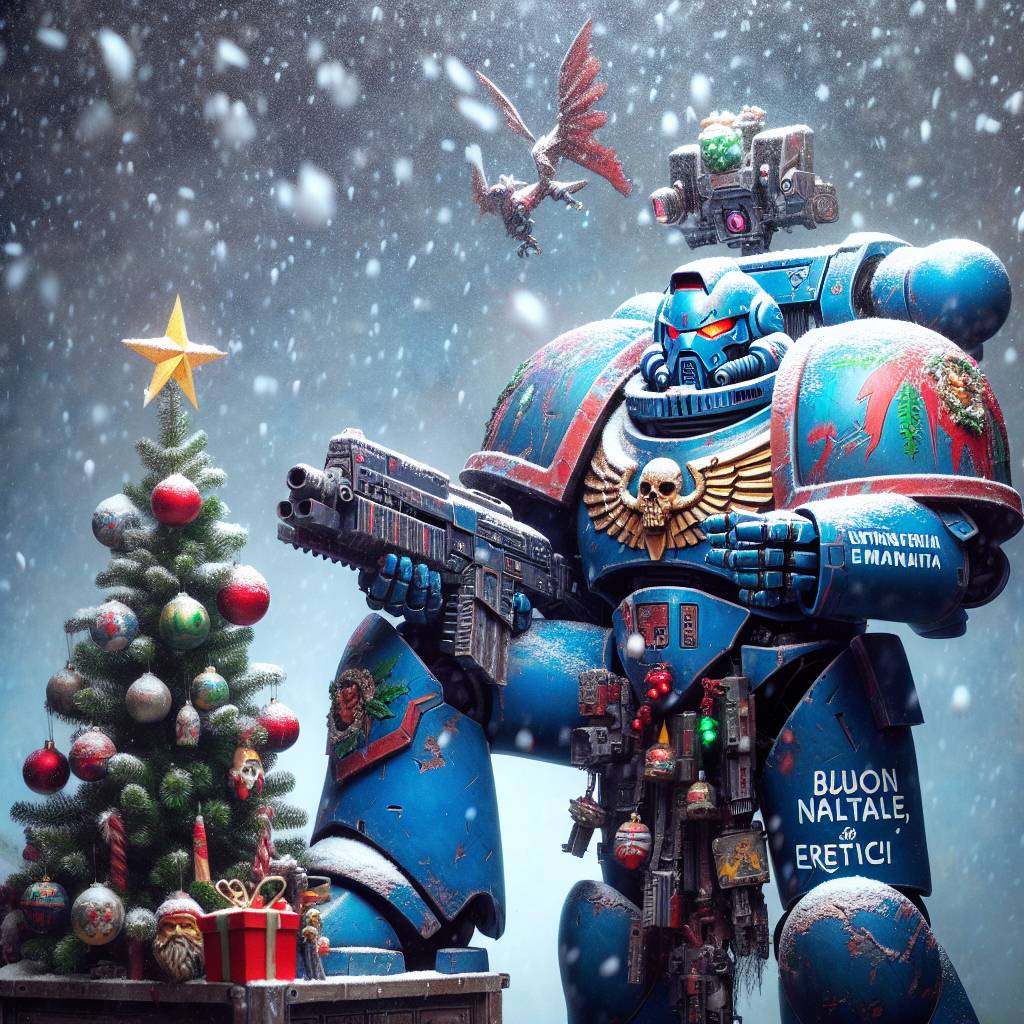 3) Christmas AI Generated Card - warhammer 40k ultramarine saying "buon natale eretici" next to a christmas tree (97fb5)