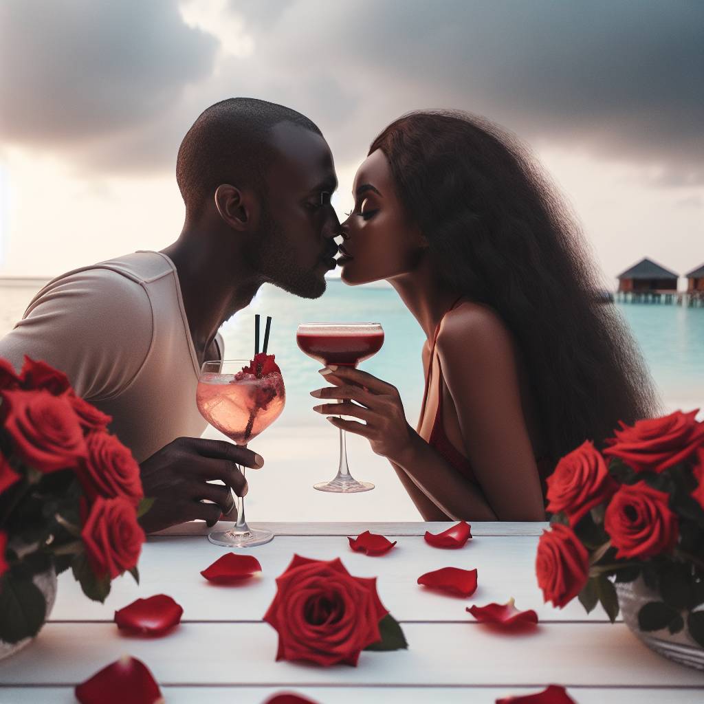 2) Valentines-day AI Generated Card - Black woman, White Man, Maldives, Cocktails, and Roses (39e37)