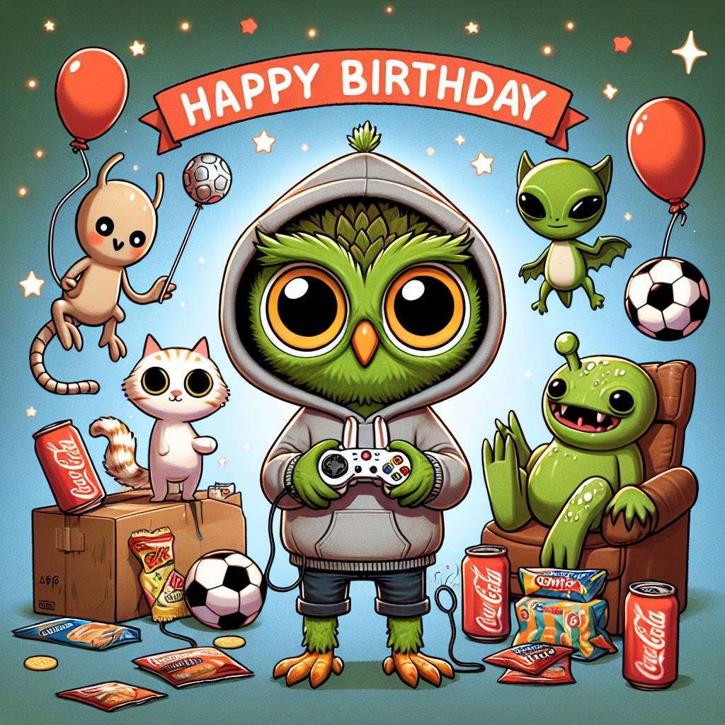 2) Birthday AI Generated Card - green owl, xbox, diet cola, hoody, cats, yoda, star wars, football, crisps (28311)