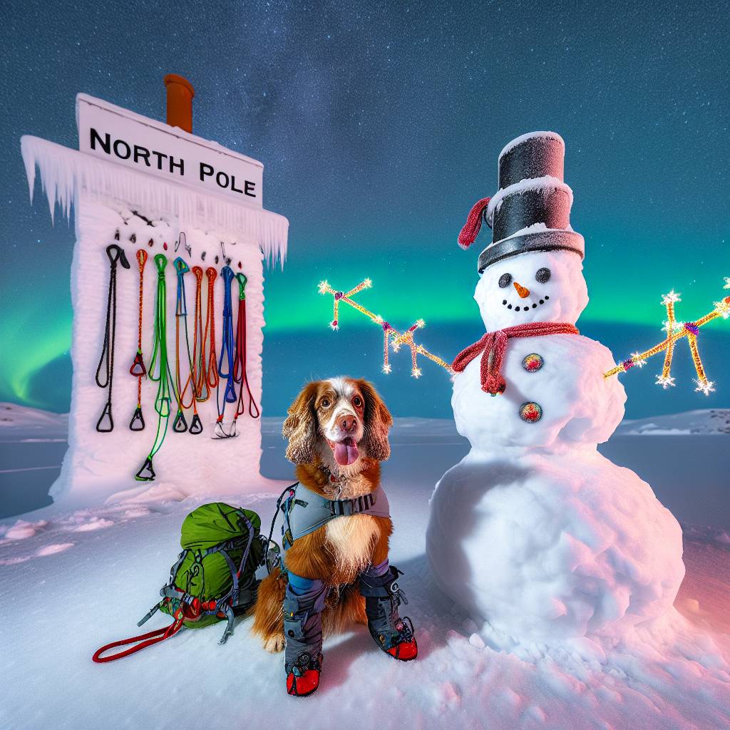 3) Christmas AI Generated Card - Brown spaniel, Rock climbing, Snowman, and North pole (f91aa)