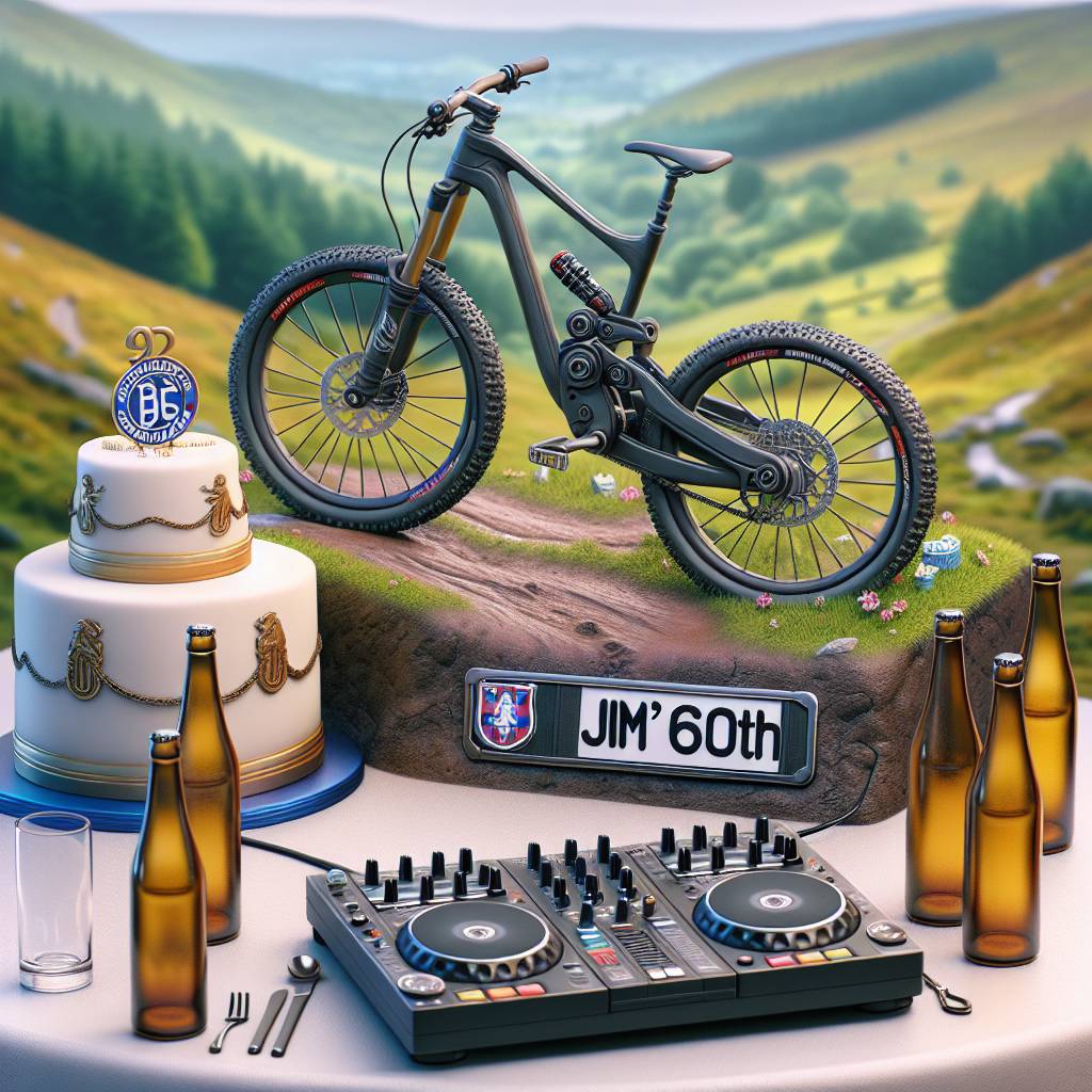 1) Birthday AI Generated Card - Mountain bike.  Jack Daniels.  Jim's 60th. Rangers FC. DJ.  (277ab)
