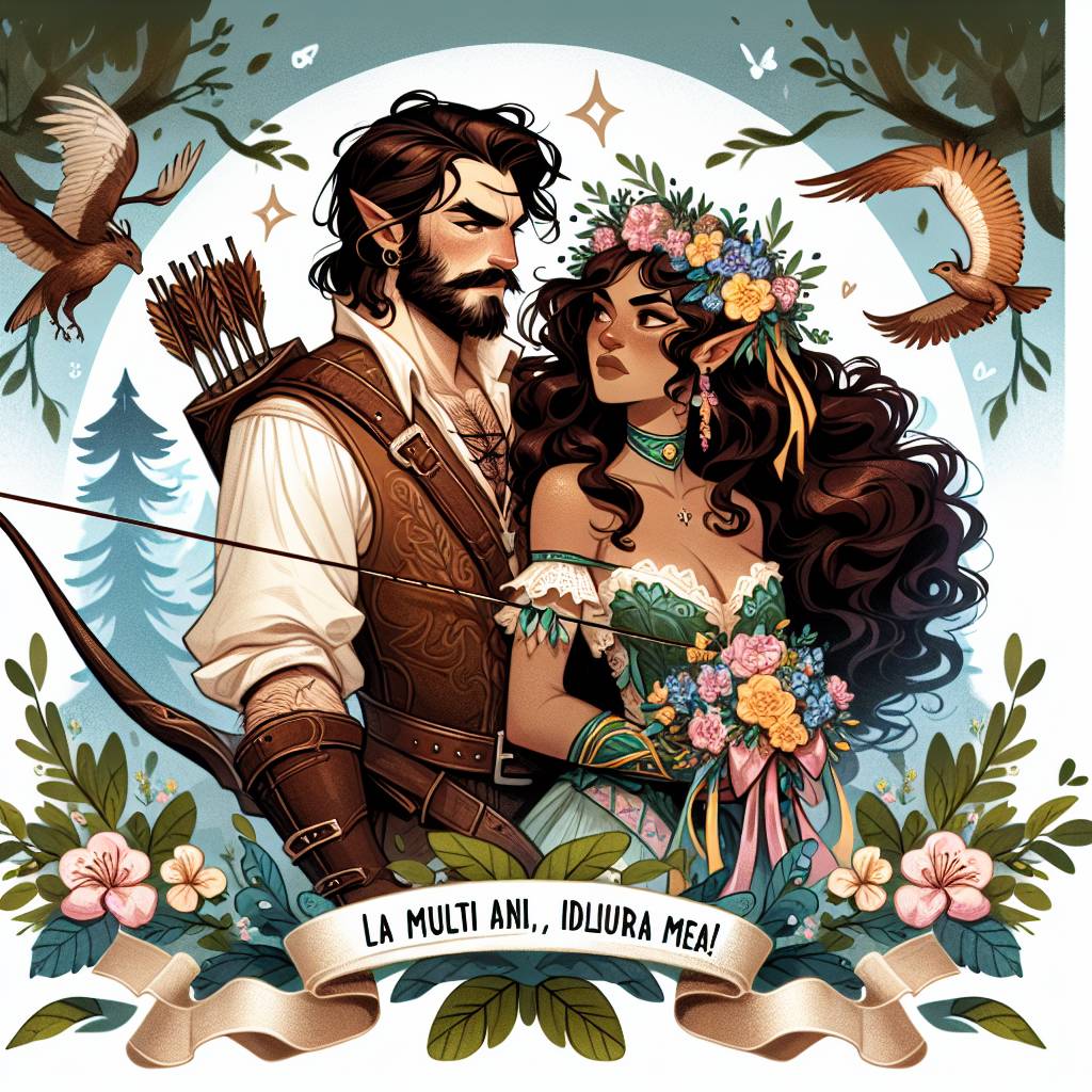 1) Birthday AI Generated Card - Generate a birthday card with my boyfriend and I as Dungeons and Dragons characters. He has got dark brown hair and a thin beard and a moustache. I have got long curly hair and flowers on my head. , and D&D (f4d69)