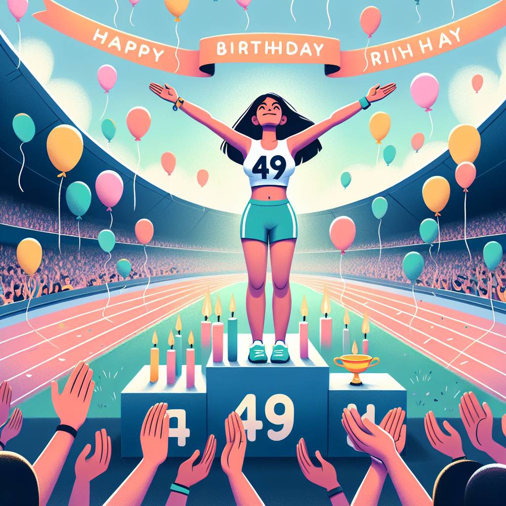 2) Birthday AI Generated Card - Number 49 on winning Olympic platform, hug stadium everyone cheering  (e9936)