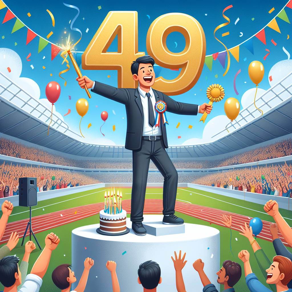 1) Birthday AI Generated Card - Number 49 on winning Olympic platform, hug stadium everyone cheering  (0f5a6)