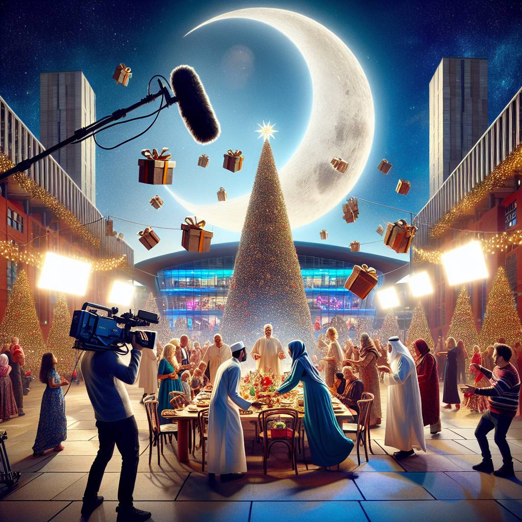 2) Christmas AI Generated Card - Christmas dinner, Music, Manchester, Media city, Christmas presents, Christmas tree, Moon, and Tv cameras (8fc16)