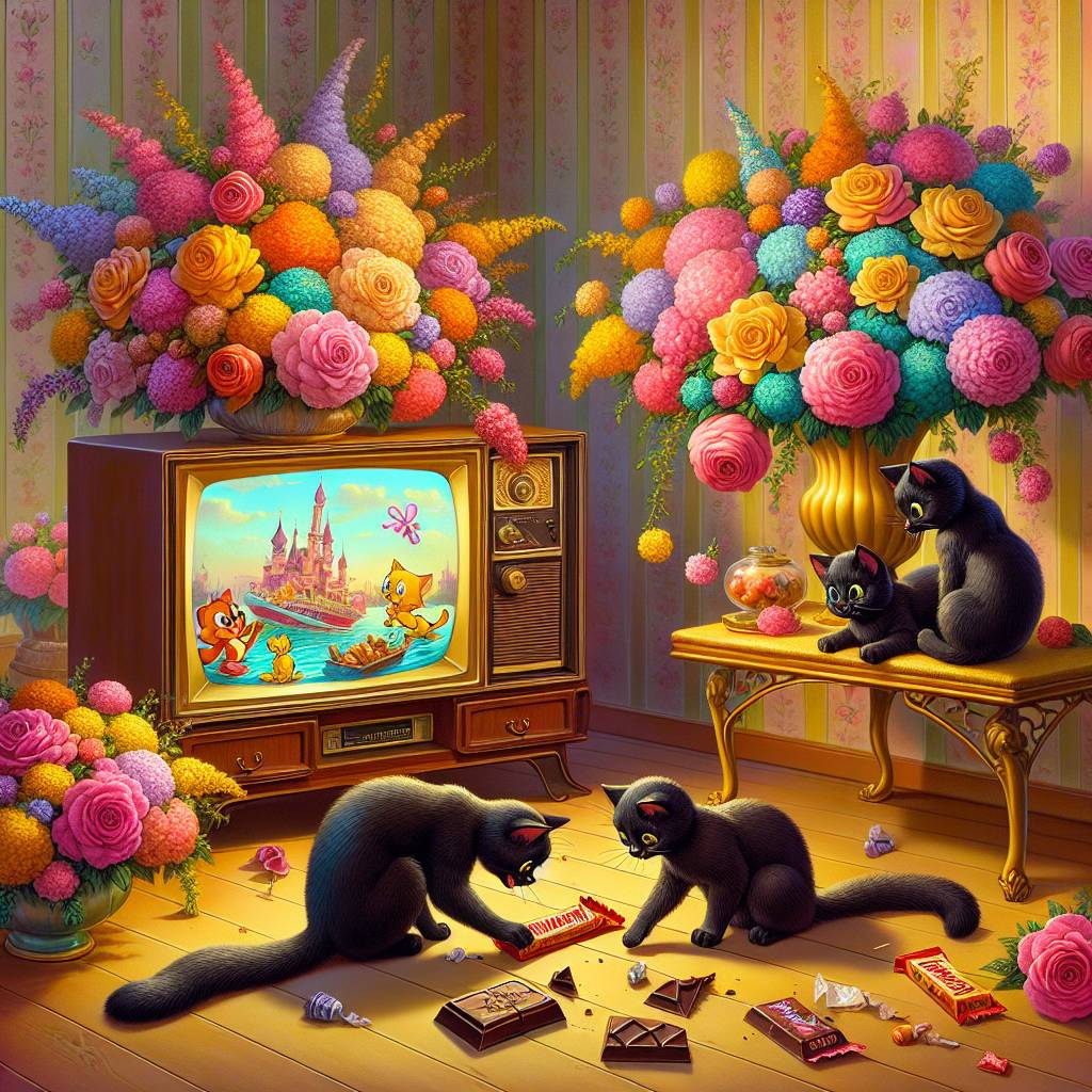 1) Mothers-day AI Generated Card - Black cats, Chocolate, Flowers, and Tv (748b5)