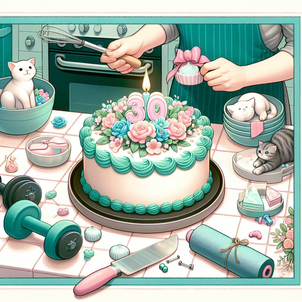 2) Birthday AI Generated Card - Cake baking , gym , cats , 30 , teal , pink, daughter (ba8b6)