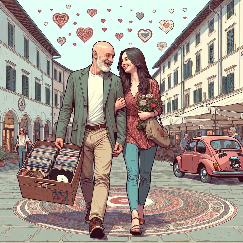 2) Valentines-day AI Generated Card - Walking, Vinyl records, Italy, White middle aged couple. bald headed man and brunette haired lady., and Love (c4ace)