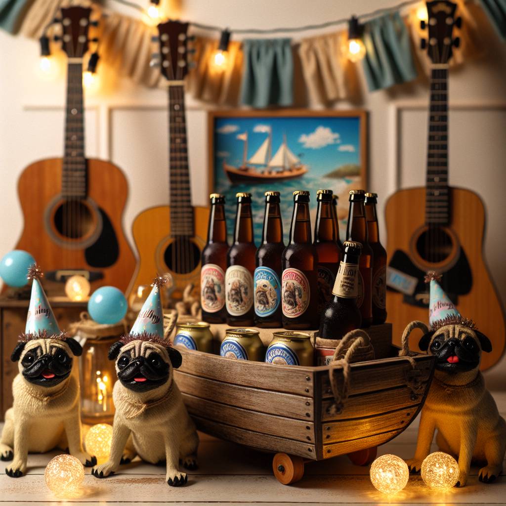 1) Birthday AI Generated Card - Pugs beer guitars boats (342b1)