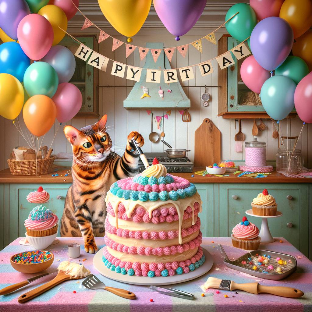 2) Birthday AI Generated Card - Bengal cat, and Baking  (4dc90)