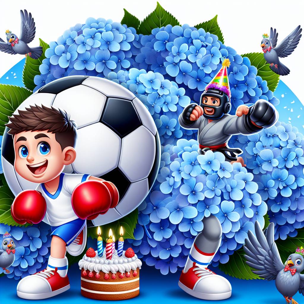 2) Birthday AI Generated Card - Blue hydrangea , English football, Mixed martial art, and Pigeon (55f6b)