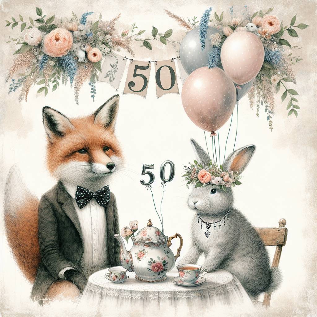 2) Birthday AI Generated Card - 50 , Shabby chic, Rabbit, and Fox (a6eef)