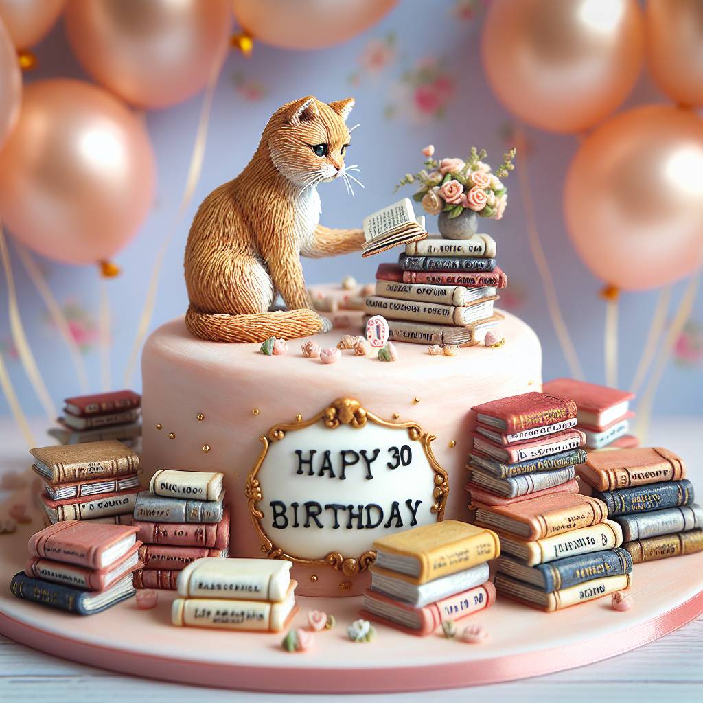 2) Birthday AI Generated Card - Ginger cat reading lots of books daughter 30th birthday cake balloons (c1a98)
