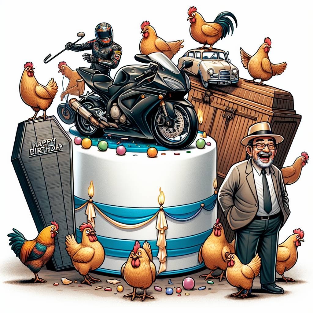 1) Birthday AI Generated Card - Mercedes, Landrover, Motorcycle , Funeral Director , Coffin, and Chickens (e5c3c)