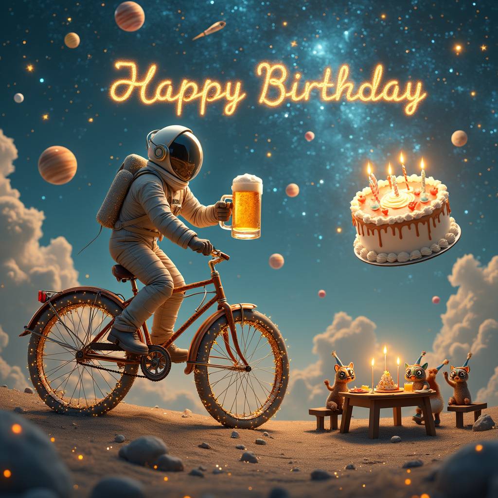 1) Birthday AI Generated Card - Star gazing ,biking ,beer  (97c4a)