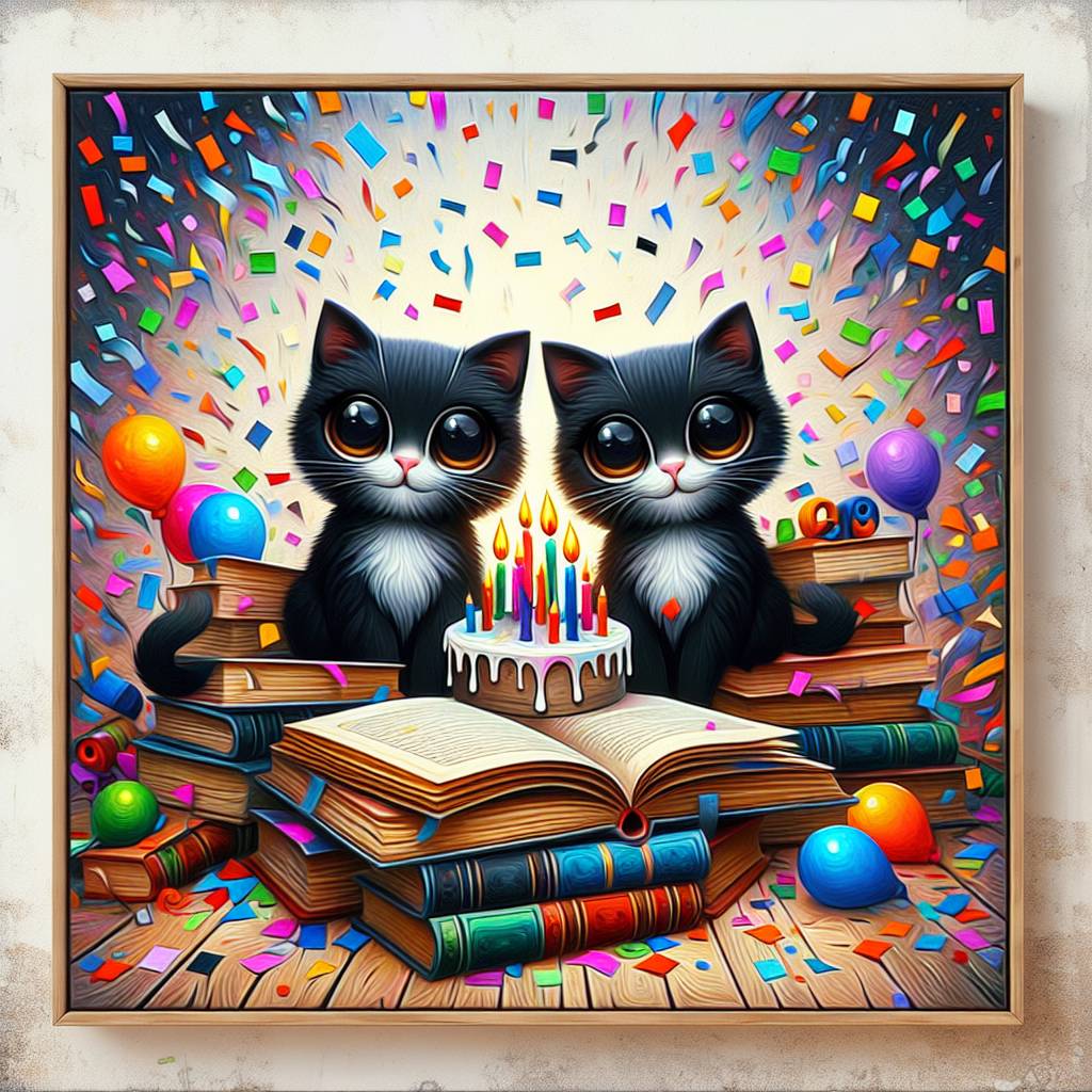 1) Birthday AI Generated Card - 2 black cats , and Books (28f5e)