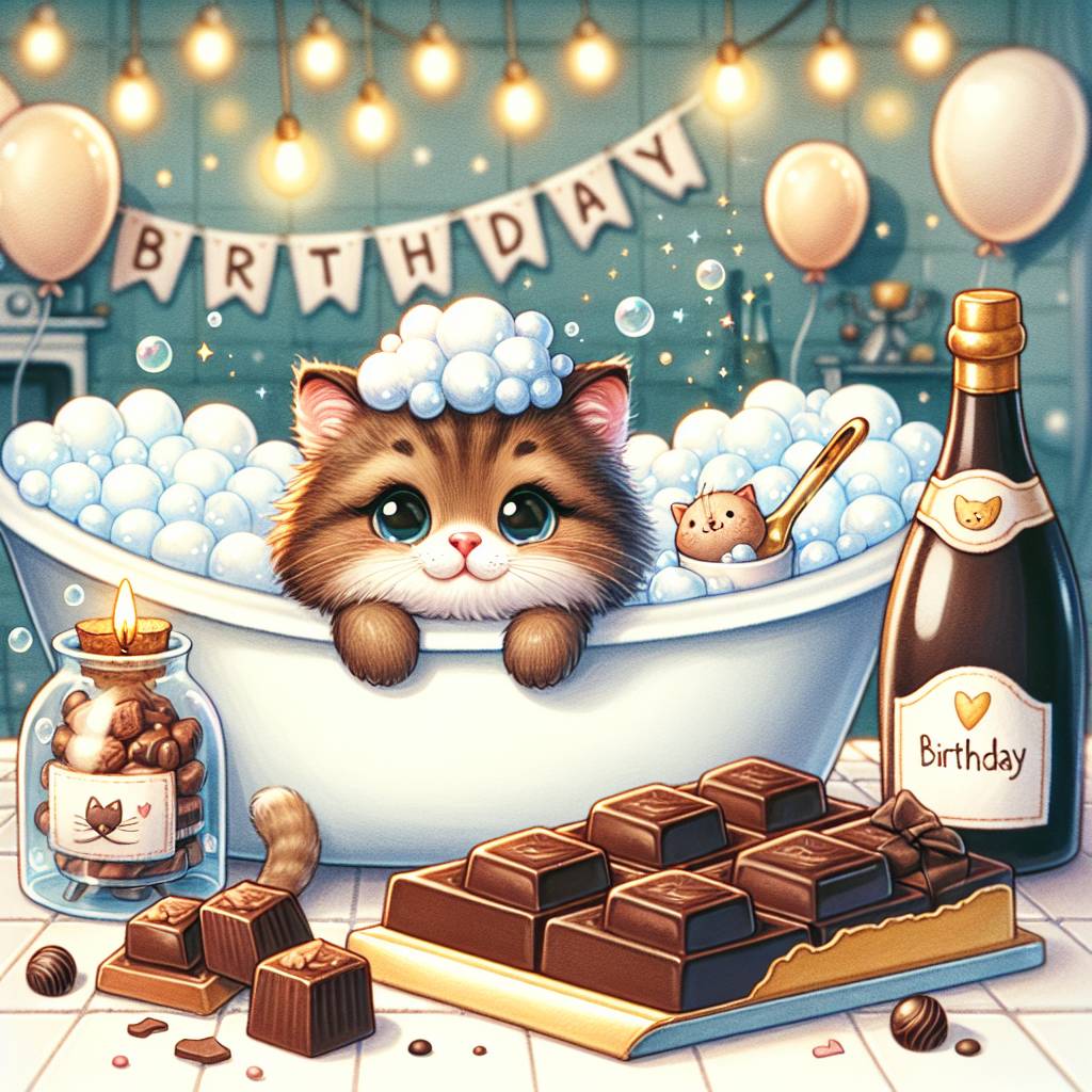 1) Birthday AI Generated Card - Cat bath chocolate wine (365f8)