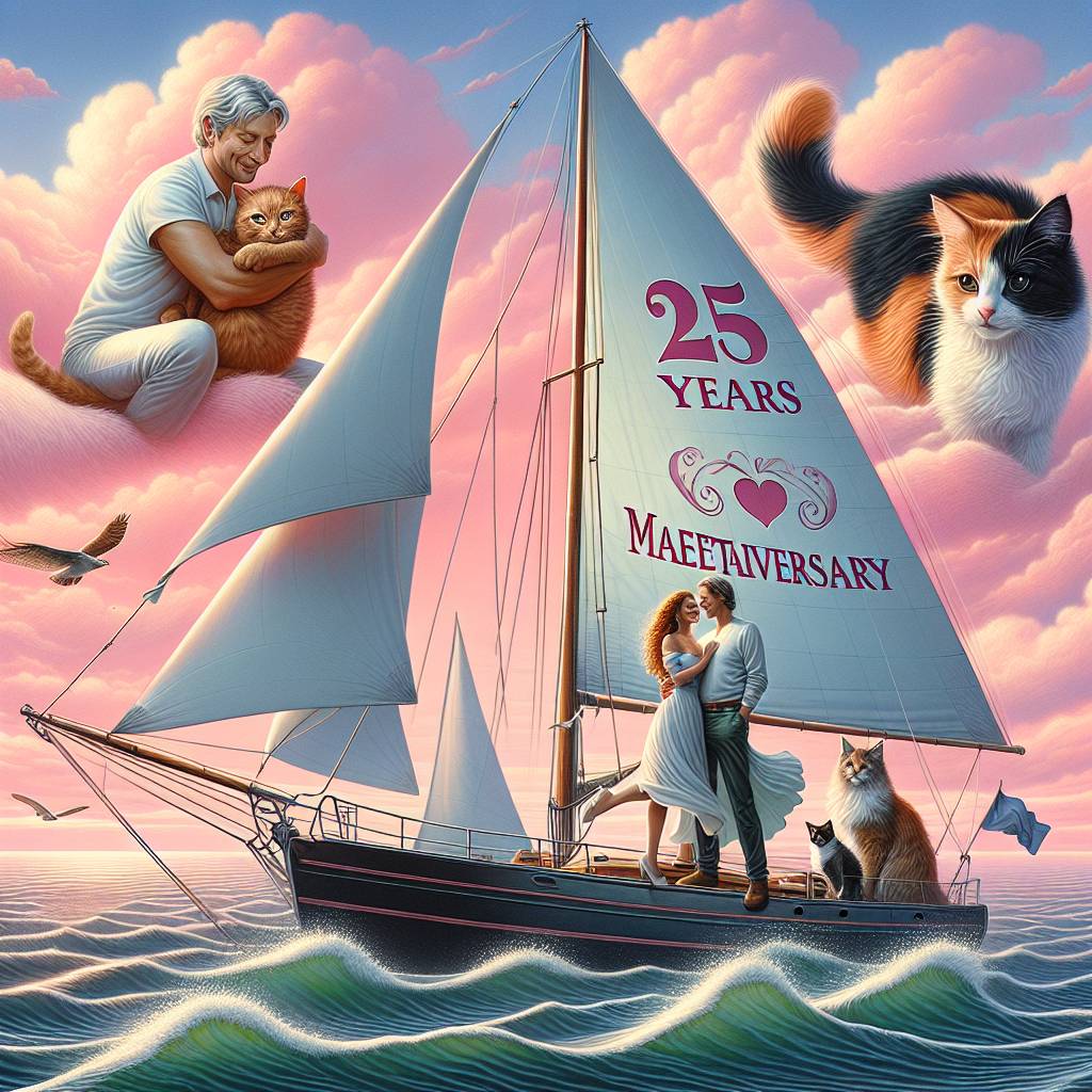 2) Valentines-day AI Generated Card - Sailing yacht, 25 Years Meetaversary, Peter and Diane , Ginger cat, and Black, white and ginger cat (b98a6)