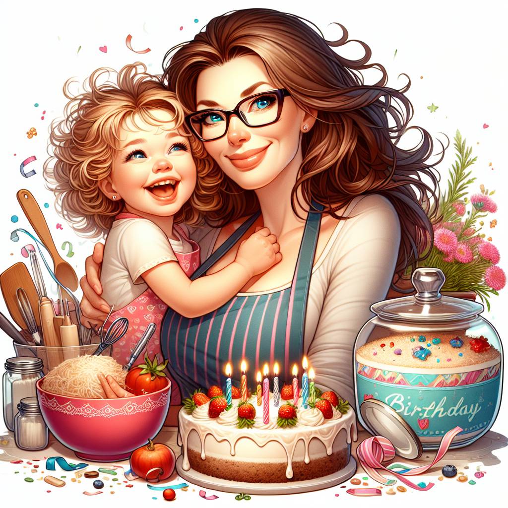 1) Birthday AI Generated Card - Mother and daughter baking. Mother is white with glasses, slightly plump with shoulder length brown hair. Daughter is toddler age, white, with curly blonde hair. They are cuddling and laughing. (e9389)