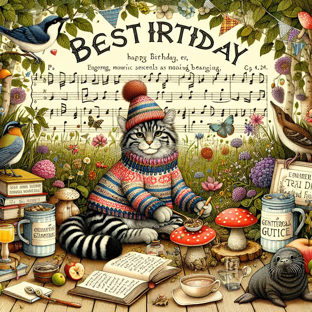 2) Birthday AI Generated Card - Black and white cat, Knitted jumper, Eating mushrooms, 1960s music, 1970s music, Concerts, Gardening, Iggy pop, History, Reading, Wine, Drinking tea, Countryside walks, Birds, Toads, Walrus, and Best dad (27f34)